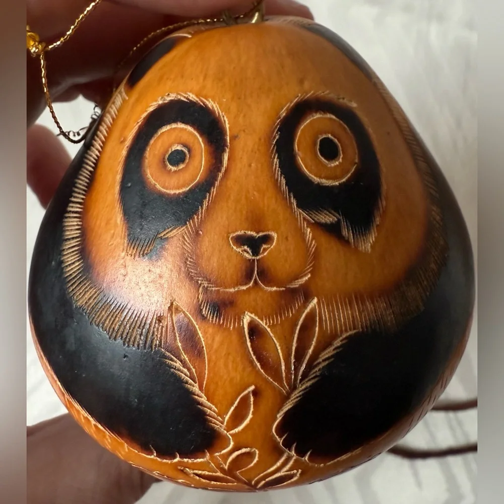 Lucuma Folk Gourd Art Panda Christmas Ornament Made Peru Handcrafted